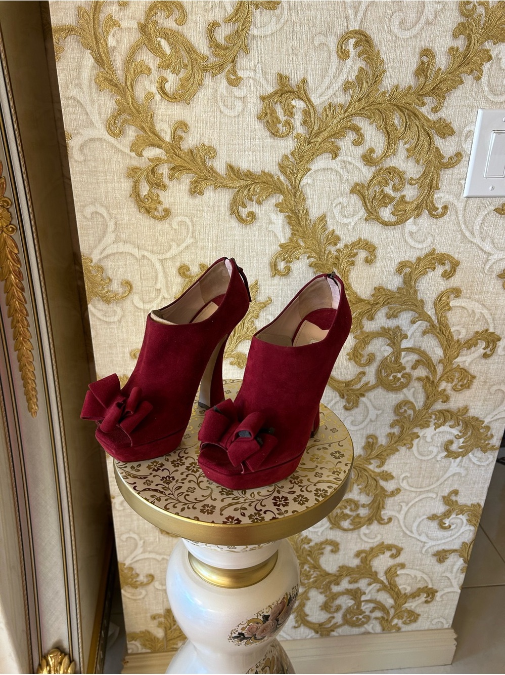 Miu Miu Burgundy Suede Peep-Toe Platform Heels with Bow